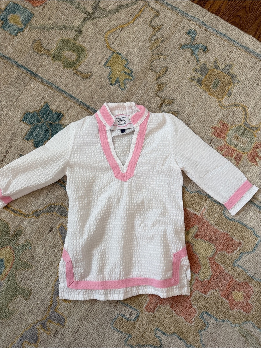 Sail to Sable White Kids Swim Coverup with Pink Trim